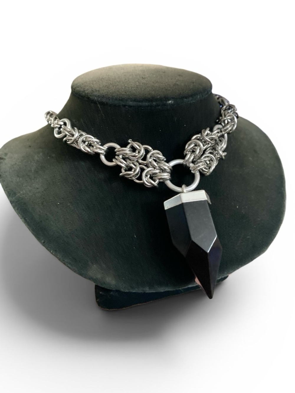 Genuine black onyx crystal charm bullet maille silver boho choker necklace